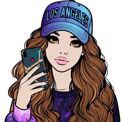 realistic beautiful girl wearing los ángeles cap holding an iphone