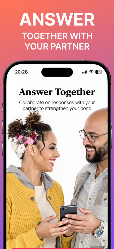 A smiling couple using the Heart2Heart app to answer relationship questions together