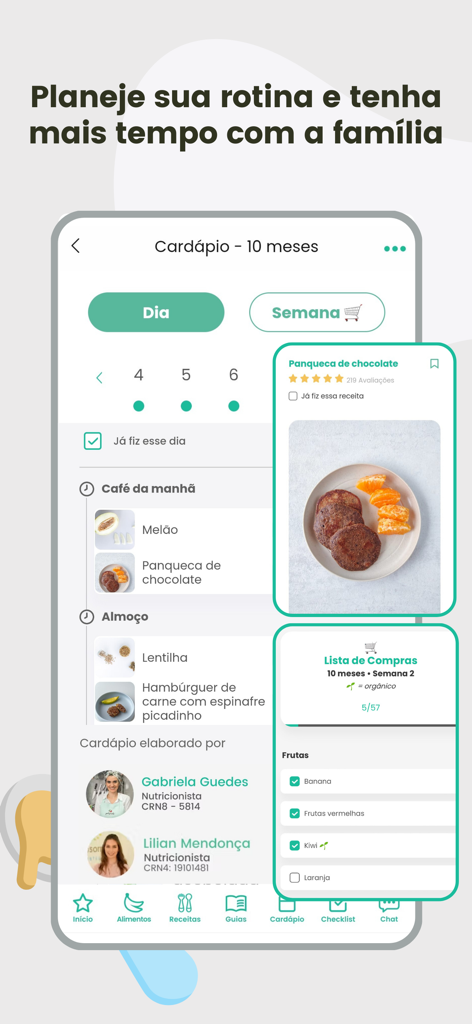 BLW Brasil Alimentação Bebês - BLWブラジルアプリのインターフェースで、赤ちゃんの食事プランと買い物リストが表示されています。
