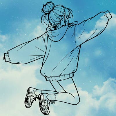 realistic girl jumping with a bun and oversized sweatshirt