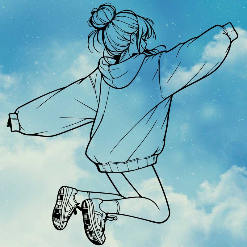 realistic girl jumping with a bun and oversized sweatshirt