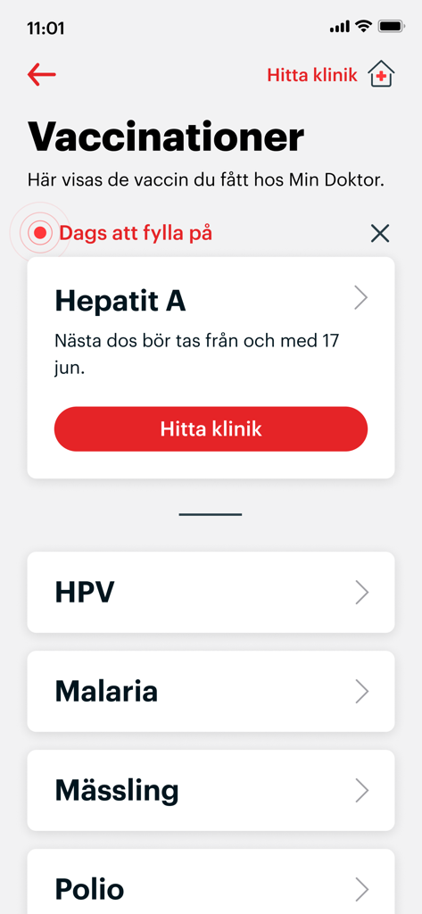Min Doktor – Vård & vaccin - Cartão de vacinação digital na aplicação Min Doktor mostrando o histórico de vacinas e lembretes de reforço