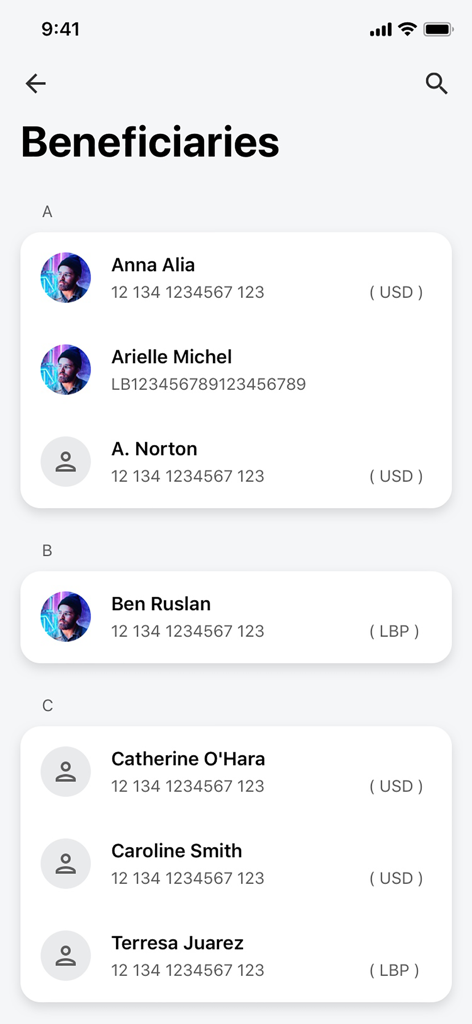 A screen from the SGBL mobile app showing a list of financial beneficiaries with names account numbers and currency indicators for USD and LBP