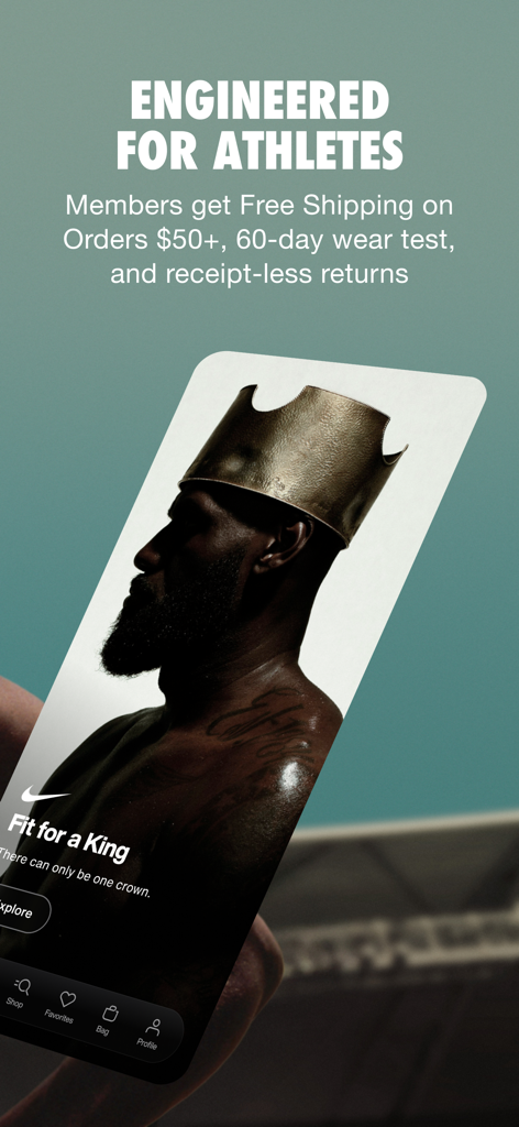 Nike App-Bildschirm mit Member-Vorteilen und einer Highlight-Story mit LeBron James
