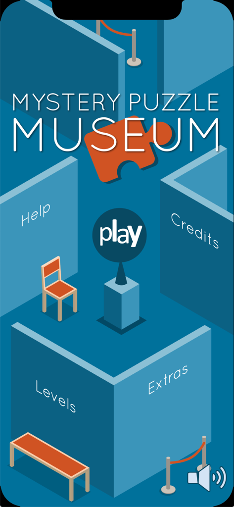 Mystery Puzzle Museum - Main menu screen of the Mystery Puzzle Museum game featuring an isometric hand drawn art style with a central play button