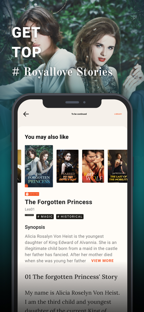 A screenshot of the Chereads app showing a list of royal love stories and details for a historical romance novel.