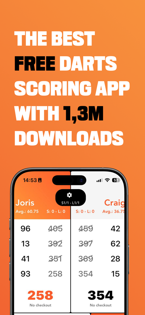Smartphone screen displaying the Dart Scores app scoreboard with player stats and current scores