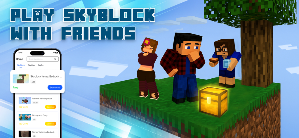 SkyBlock：Maps for Minecraft PE - Personagens de Minecraft em uma ilha de skyblock com um baú e um telefone mostrando downloads de mapas