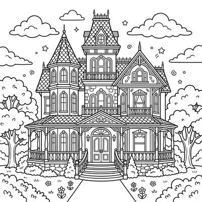 Step into a world of architectural wonder with this delightful mansion coloring page designed especially for kids. Little artists can bring this stately home, complete with turrets and a grand porch, to life with their favorite colors.