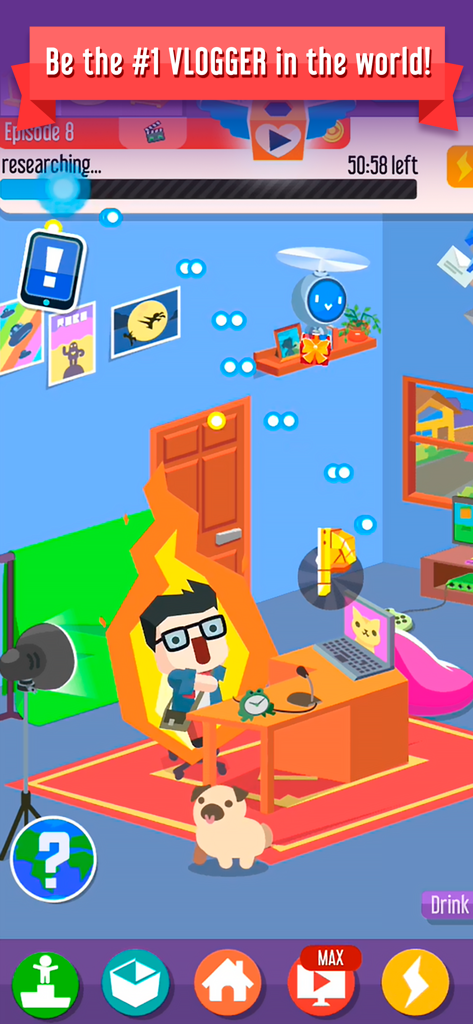 Personaggio vlogger in uno studio casalingo con un carlino e un green screen