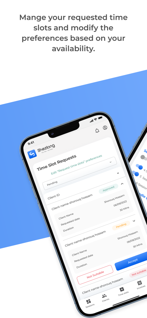 Oberfläche der Shezlong Therapeut App zur Verwaltung von Klienten-Terminanfragen und Sitzungsfenstern