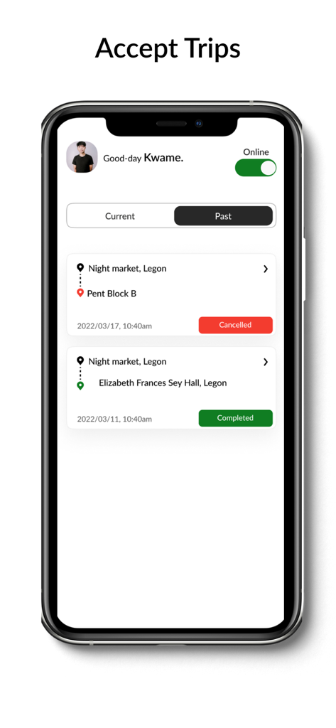 Night Market Rider - Interfaz del controlador de la aplicación Night Market Rider que muestra el historial de viajes de entrega pasados con estados completado y cancelado.