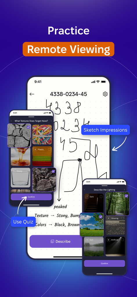 Verevio App-Oberfläche für Fernwahrnehmungstraining mit Zeichenbrett und Textur-Quiz-Bildschirmen