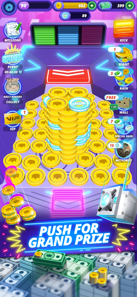 3Dコインプッシャーマシンに金貨とネオンの賞品テキストが満載されたモバイルゲーム