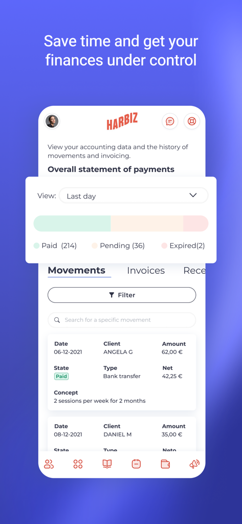 Harbiz Manager - Pantalla de la aplicación Harbiz Manager que muestra movimientos financieros y seguimiento del estado de pagos para coaches