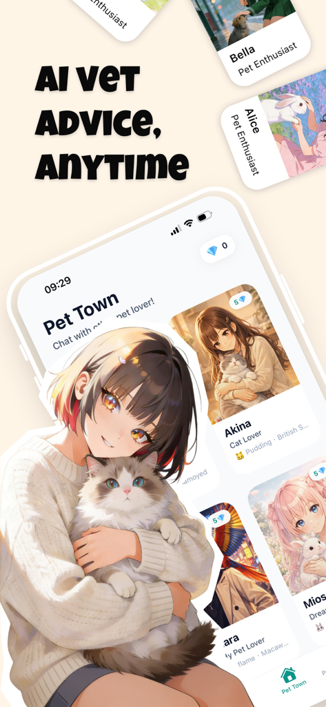 Cutie AI: Roleplay Fantasy - Cutie AI Roleplay Fantasy app interface showing anime characters in the Pet Town section with AI vet advice text