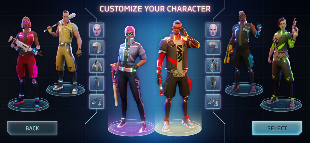 Cyberika: Action Adventure RPG - Pantalla de personalización de personaje en Cyberika mostrando varios atuendos y opciones de equipo futuristas.