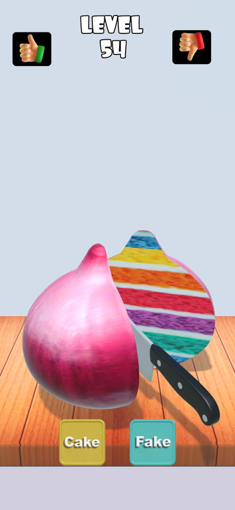 Cake Or fake Challenge! - A red onion cut in half reveals a rainbow cake with Cake and Fake choice buttons below.