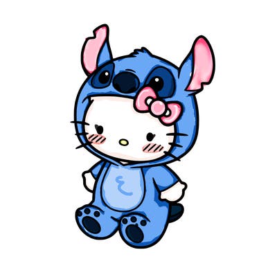little cute hello kitty, blushing with little stitch costume