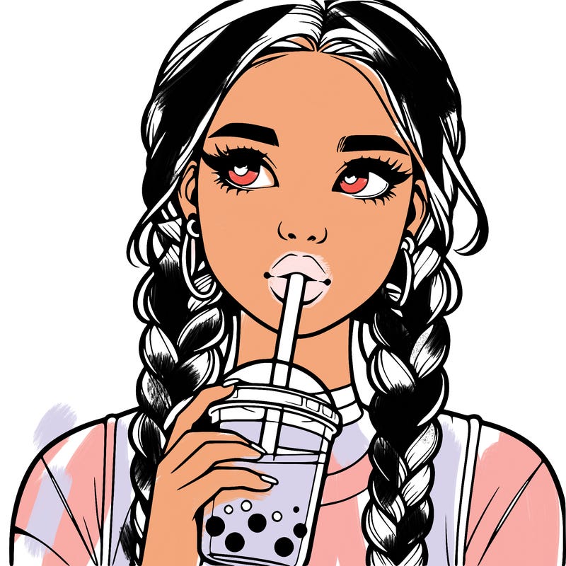 realistic girl with braided hair drinking boba