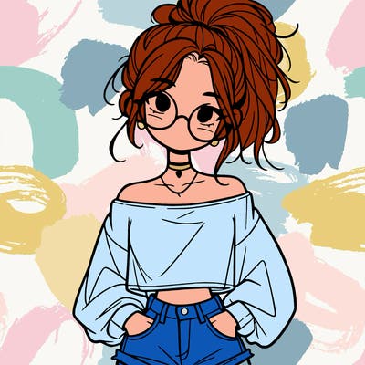 girl with a messy ponytail glasses a baggy crop top and jean shorts