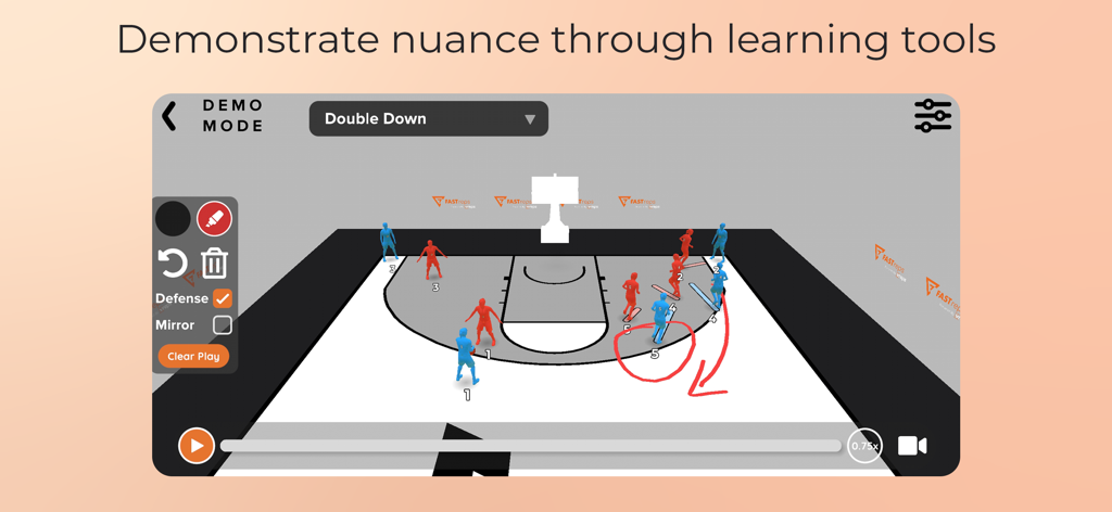 FastReps - FastReps app demo mode showing a 3D basketball court with player movements and coach annotations