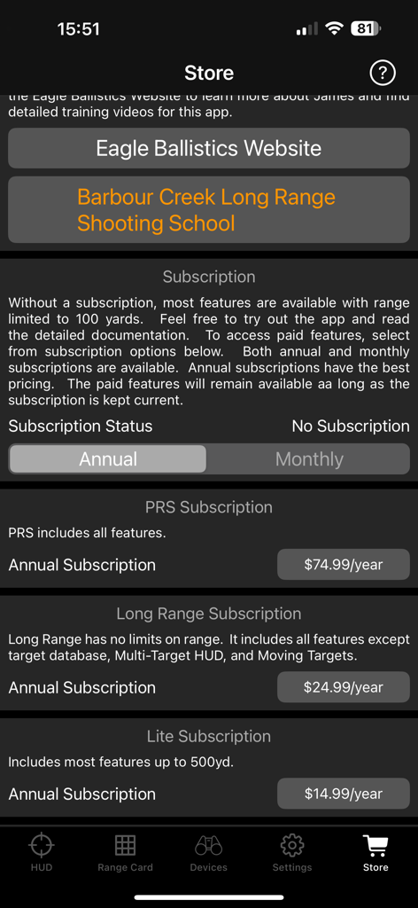 Eagle Ballistics Store-Bildschirm mit den jährlichen Abonnementstufen Lite, Long Range und PRS.