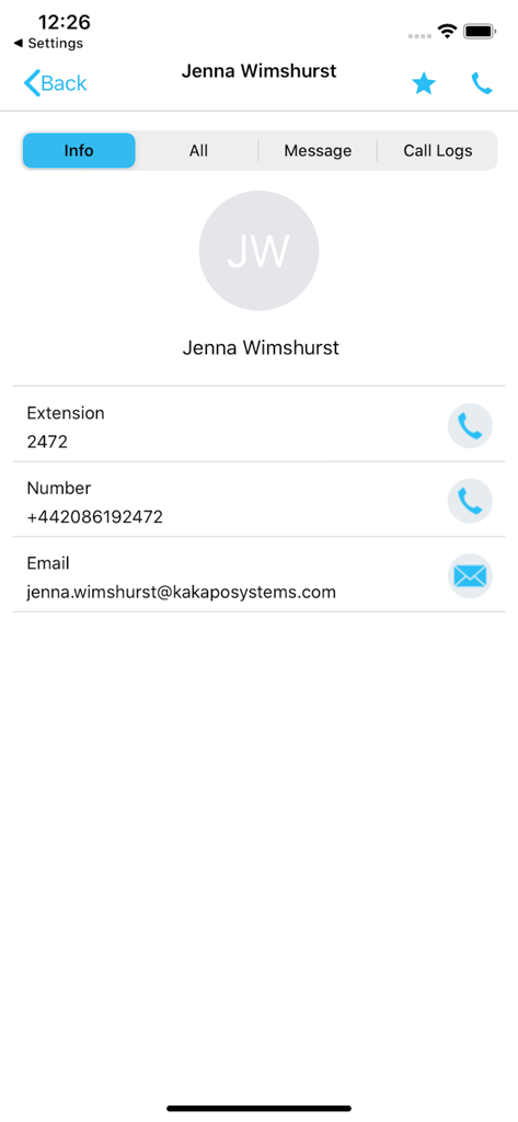 Unity-Mobile - Unity-Mobile app screen showing business contact information including extension number and email address