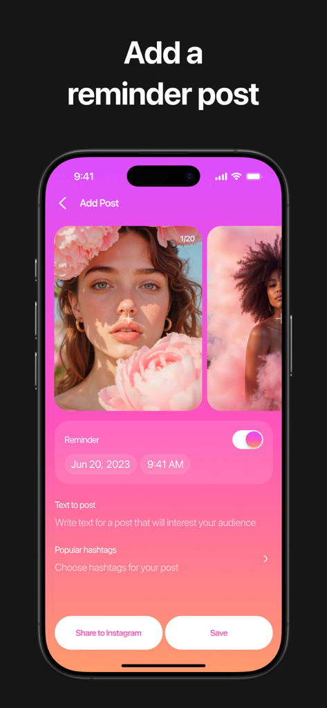 Unfollow Tracker: FollowHub - 日付リマインダーとハッシュタグオプションを備えた投稿追加画面を表示するFollowHubアプリのインターフェース。