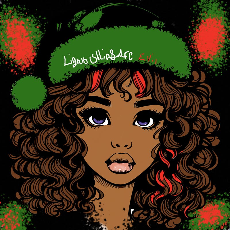 realistic girl with a santa hat curly hair and lips