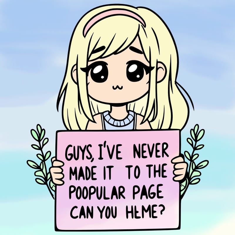 a girl holding up a sign that says, guys, i’ve never made it to the popular page, can you help me?