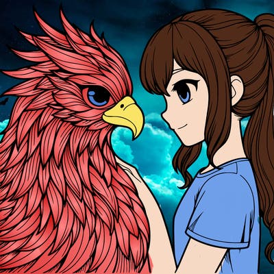 a girl and a realistic phoenix matching