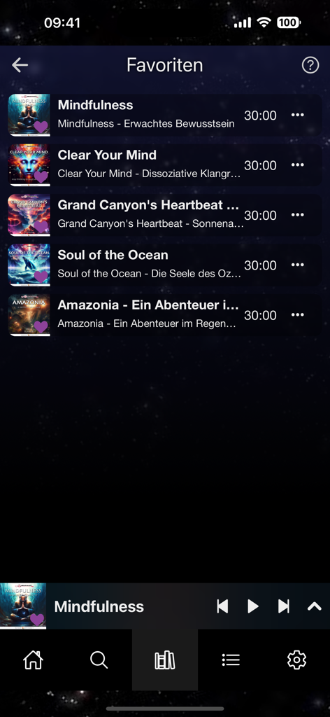 Favorites list in Brainwave3D app showing several meditation tracks like Mindfulness and Clear Your Mind with 30 minute durations