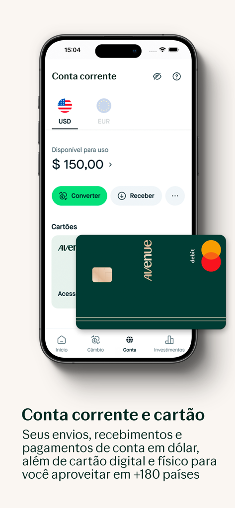 Interface de l'application mobile Avenue affichant un solde de compte courant en USD et une carte de débit Mastercard.