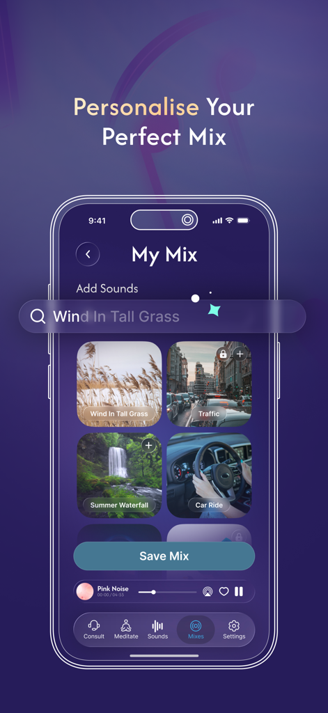 White Noise ASMR Sleep Sounds - Pantalla de la aplicación móvil para crear una mezcla personalizada de sonidos para dormir y ruido blanco.