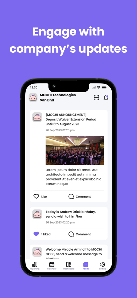 MOCHI Business - The MOCHI Business app feed featuring company announcements and employee updates