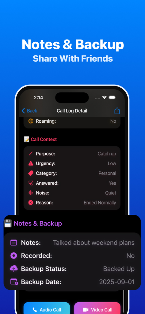 Phone lD CaIIer - Benutzeroberfläche, die Anrufprotokolldetails mit Notizen und Sicherungsstatus anzeigt.