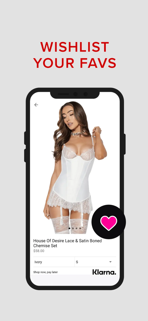 HUSTLER Hollywood - HUSTLER Hollywood mobile app interface displaying a white lace chemise set with a heart icon to add the item to a wishlist.