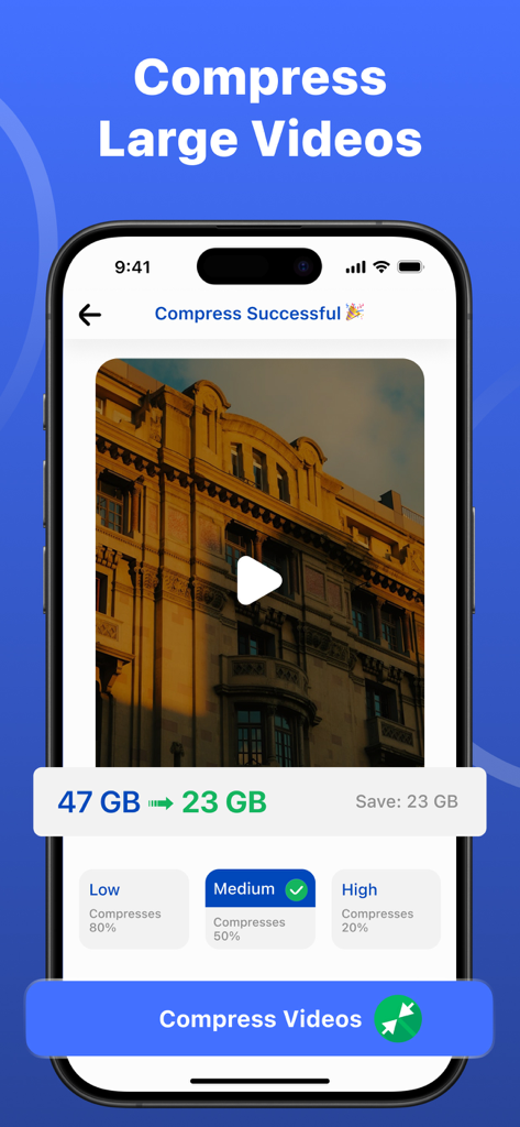 Clean AI・Phone Storage Cleaner - A mobile screen showing the video compression feature of Clean AI app saving 23 gigabytes of storage