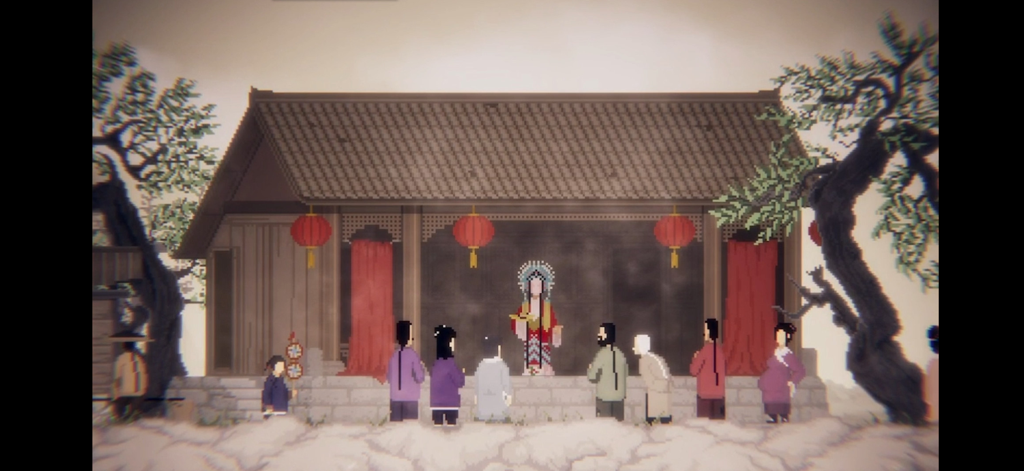 The Rewinder - Pixel art de personajes reunidos frente a un edificio tradicional chino con farolillos rojos.