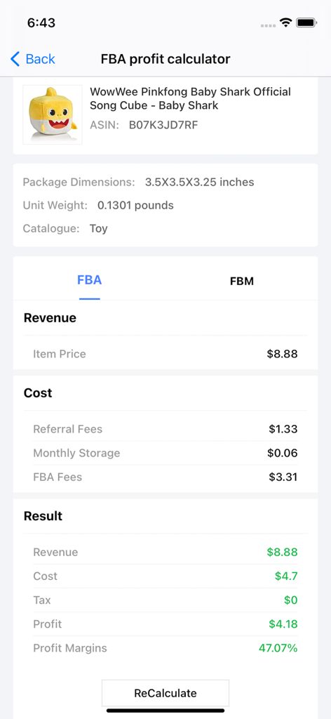 Interface of FBA Profit Calculator app showing a detailed breakdown of revenue costs and profit margins for an Amazon product