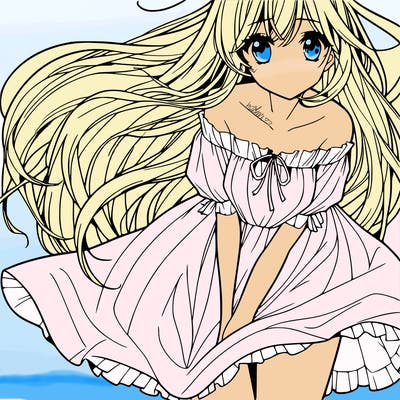 manga girl with long flowing hair and a dress that is pushed down