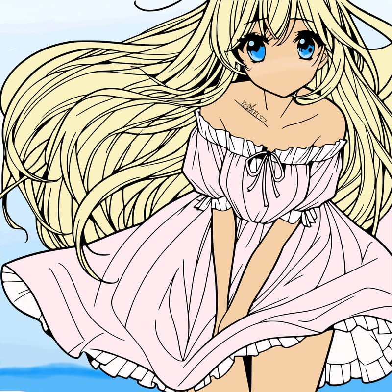 manga girl with long flowing hair and a dress that is pushed down