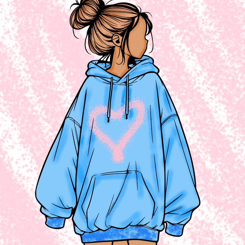 realistic girl with a oversized sweatshirt on and a bun