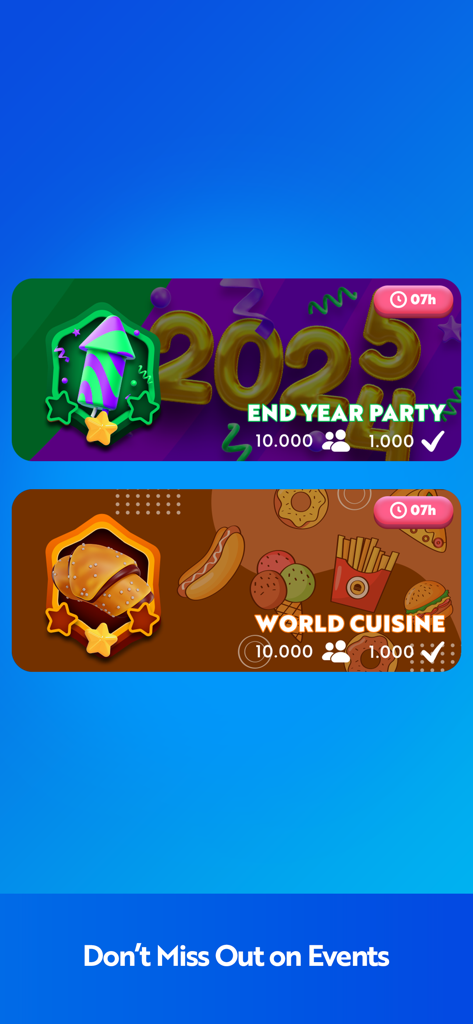 Quiz Crush: Trivia & Friends - A screen from the Quiz Crush app showcasing themed trivia events like End Year Party and World Cuisine.