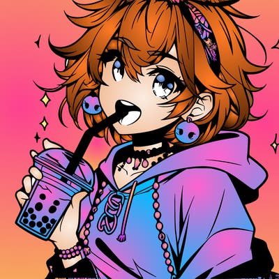 hot baddie anime girl drinking boba and biting the straw