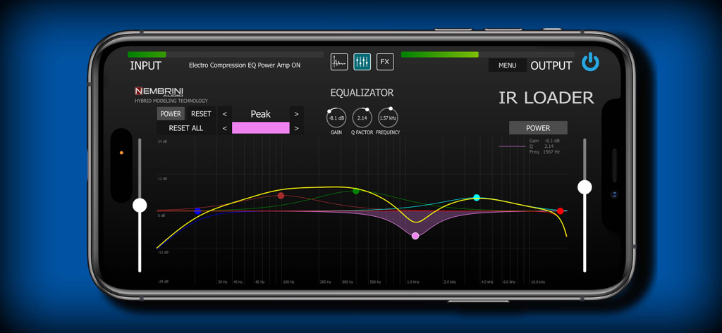 IR Loader - Interfaz de ecualizador paramétrico de seis bandas en la aplicación móvil Nembrini Audio IR Loader