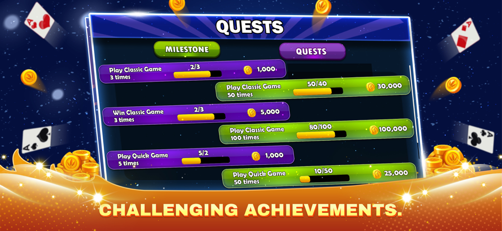 Callbreak Game - Callbreak game quests and milestone achievements screen showing coin rewards