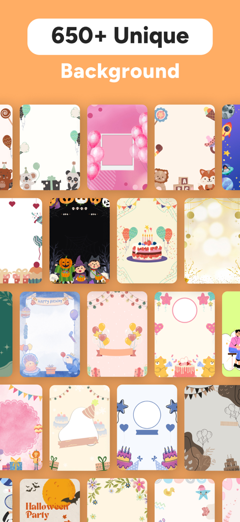 Birthday Invitation Maker ° - A collection of diverse birthday invitation background templates including themes for children, Halloween, and formal parties.