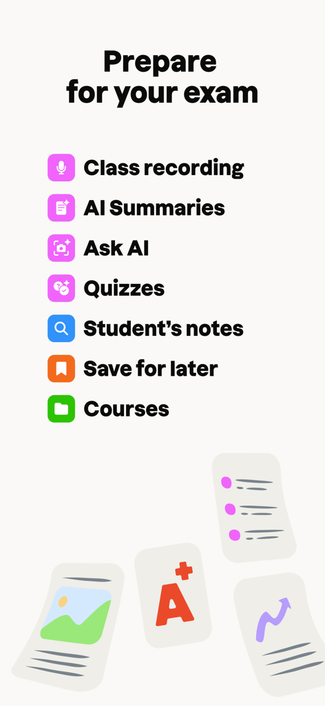 Elenco delle funzionalità dell'app Studocu per la preparazione agli esami, inclusi riepiloghi AI, registrazione delle lezioni e quiz